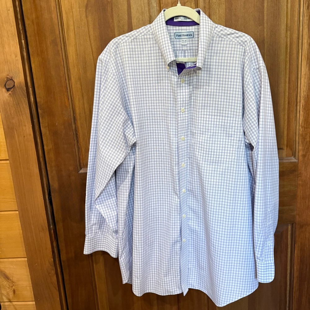 Paul Fredrick Mens 17.5 35 Purple Check Cotton Button‎ Down Dress Shirt Pocket